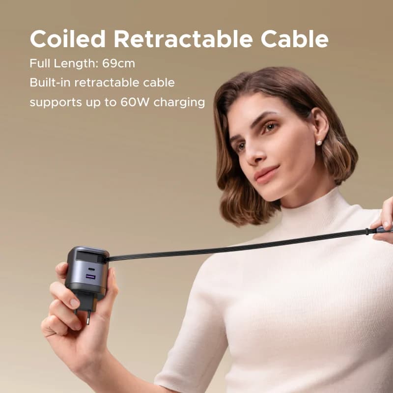 מטען GaN 65W עם כבל USB-C נשלף