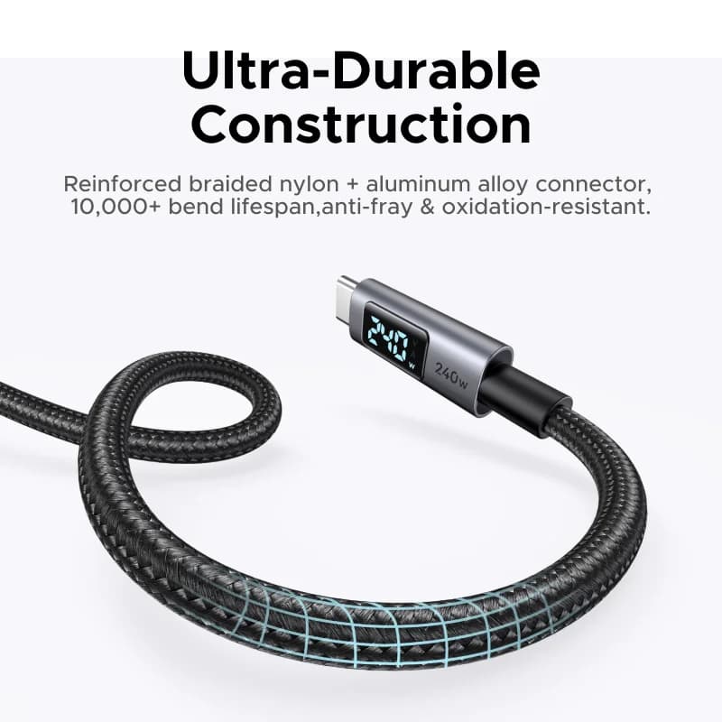 כבל USB-C בעוצמה של 240W עם תצוגת כוח דיגיטלית