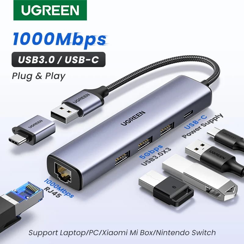 מתאם Ethernet USB-C עם RJ45 1000Mbps והאב USB