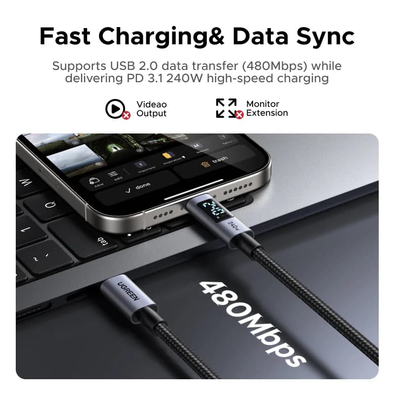 כבל USB-C בעוצמה של 240W עם תצוגת כוח דיגיטלית