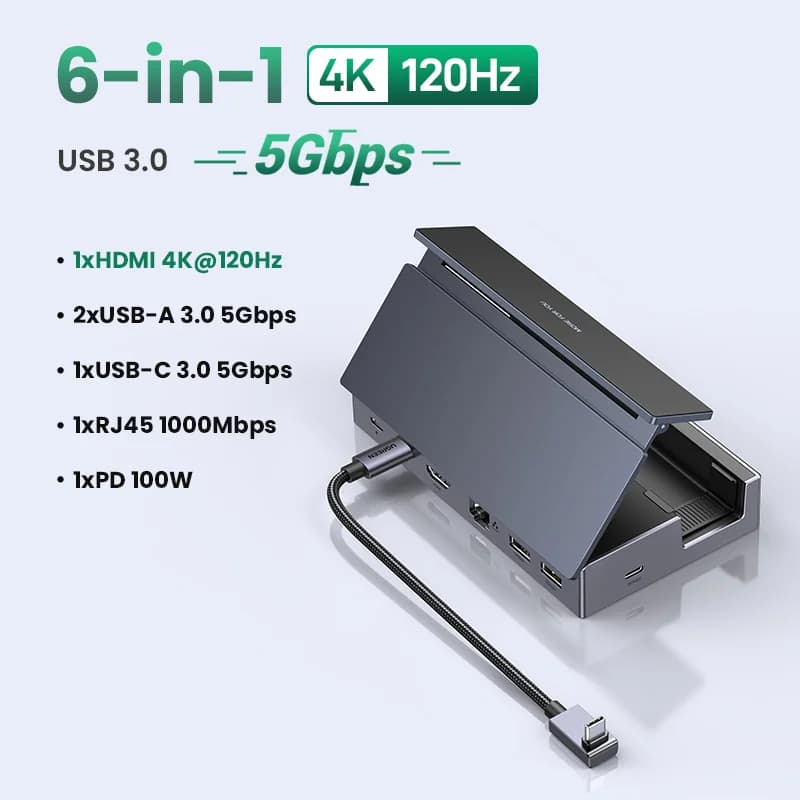 עמדת עגינה USB-C 6 ב-1, HDMI 4K, אתרנט