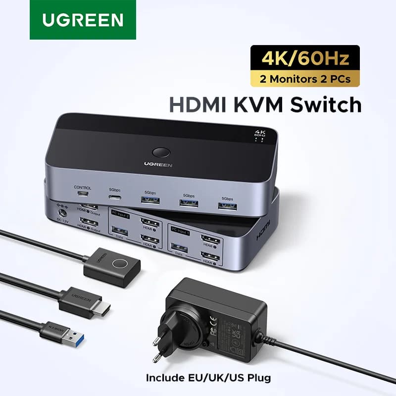 מתג KVM לשני מסכים עם HDMI ו-USB-C