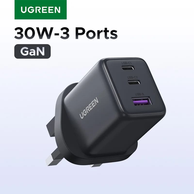 מטען GaN מיני מהיר 30W עם תקע UK וחיבור USB-C