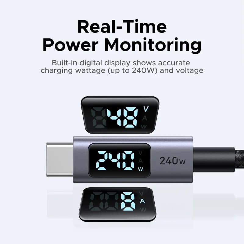 כבל USB-C בעוצמה של 240W עם תצוגת כוח דיגיטלית