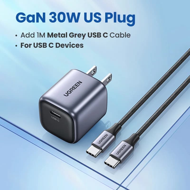 סט מטען GaN מהיר 30W עם כבל USB-C באורך 1 מ'