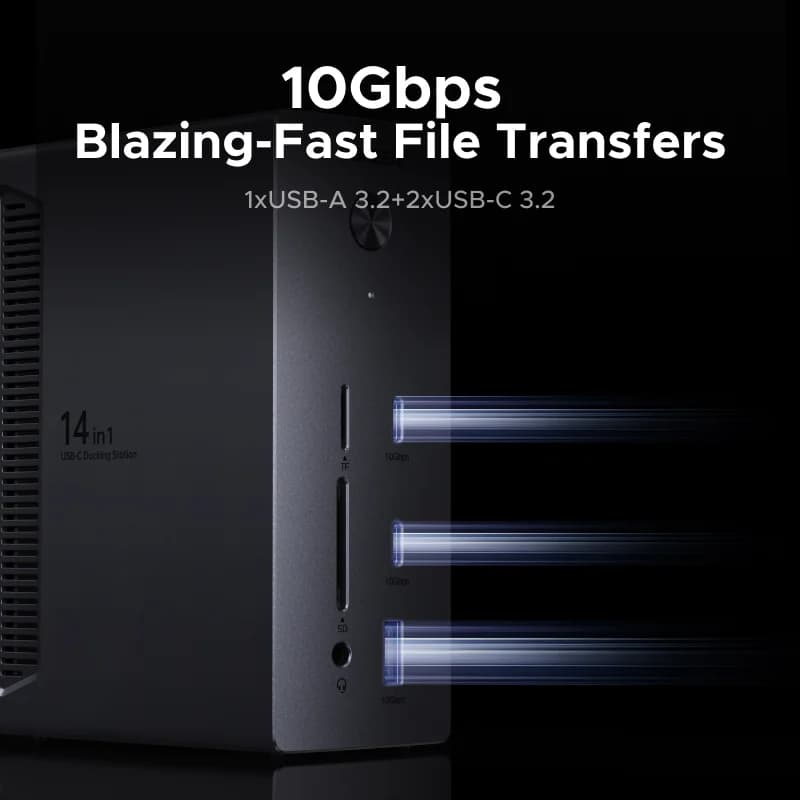 תחנת עגינה USB-C 14 ב-1, תצוגה משולשת, 10Gbps