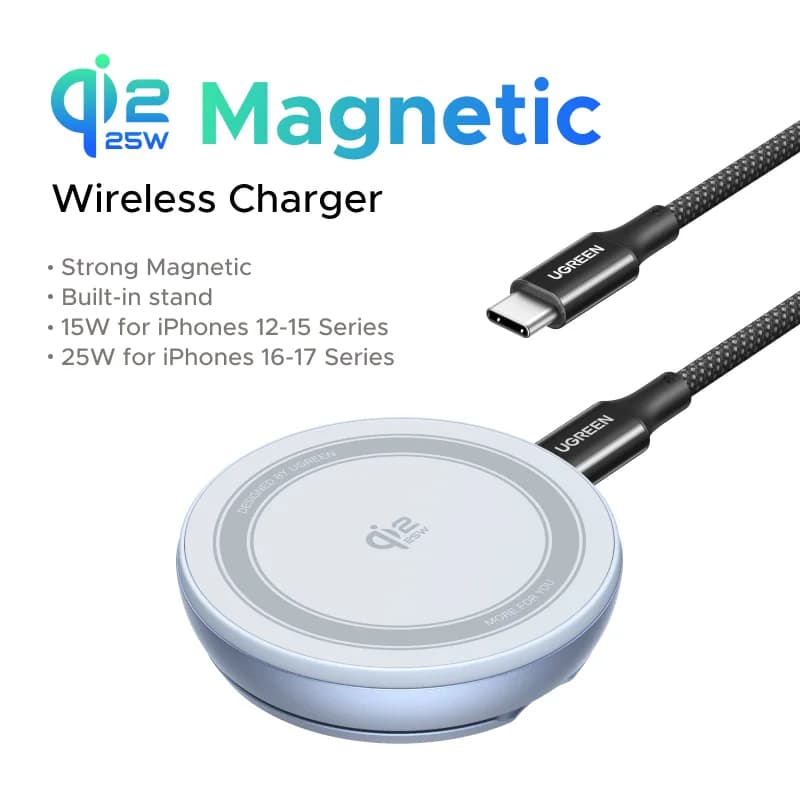 משטח טעינה אלחוטי מגנטי Qi2 עם מעמד, 25W