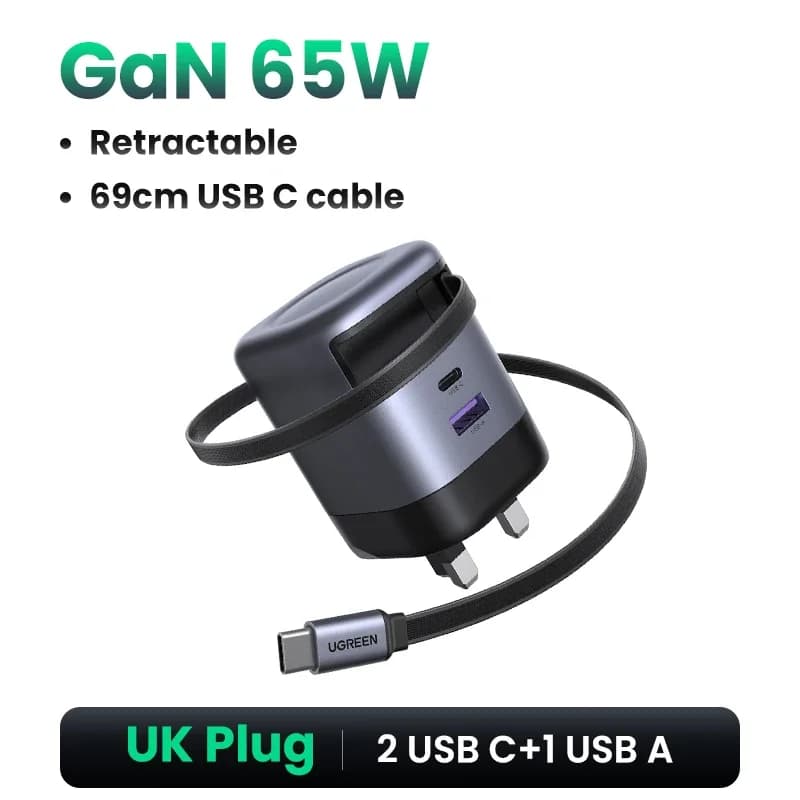 מטען GaN 65W עם כבל USB-C נשלף