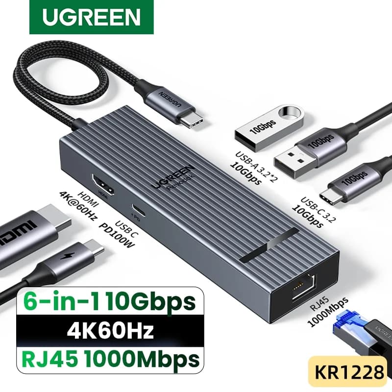האב USB-C 6 ב-1, HDMI 4K, Gigabit Ethernet, PD 100W