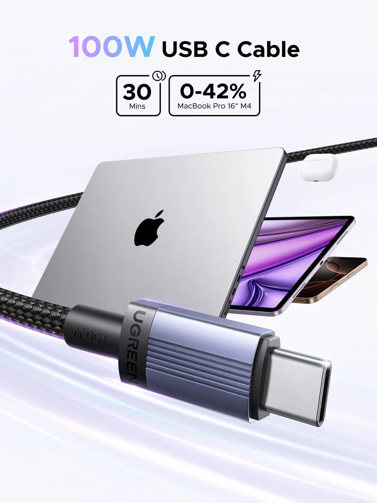 כבל טעינה מהירה USB-C 100W, 5A