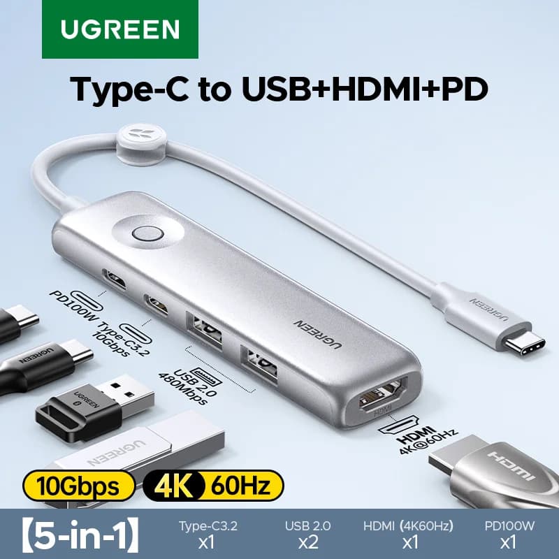 האב USB-C 5 ב-1, 4K HDMI, 10Gbps, PD100W