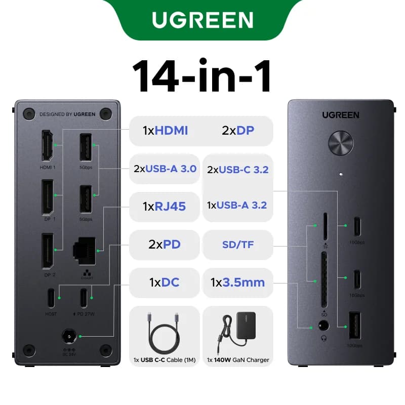 תחנת עגינה USB-C 14 ב-1, תצוגה משולשת, 10Gbps