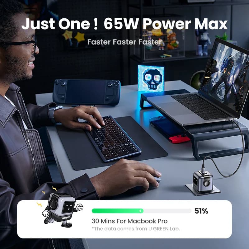 מטען מהיר GaN USB-C 65W עם תקע בריטי